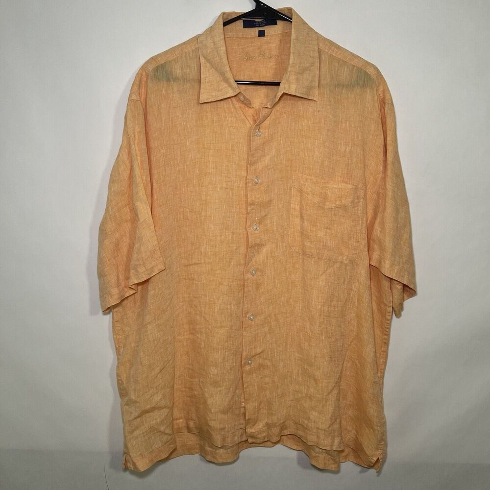 Alan Flusser 100% Linen Short Sleeve Button Up Shirt Mens Size XL Orange Casual
